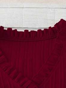Blusa casual con cuello en V, volantes y mangas de pétalos acanalados para tallas grandes - Rojo - Ver 3
