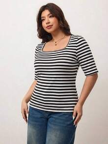 Camiseta de manga corta de cuello cuadrado de ajuste ceñido y elástica para mujer de talla grande, camiseta primavera y verano amigable con la piel, compatible con curvas redondeadas del Body, compatible con la forma del Body redondeada de Apple/20 - Blanco y Negro - Ver 3