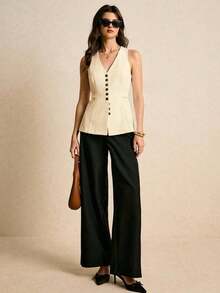 Elegante blusa marrón con cierre de botones delantero y cintura ceñida, elegante y ajustada a la cintura, blusa elegante para mujer, blusas elegantes para mujer, sencilla y elegante, adecuada para uso diario, salir, ir al trabajo, otoño/invierno, blusas marrones para mujer, blusa color caqui, blusa marrón café - Beis - Ver 2