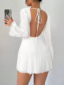 mini ajustado de encaje de estilo elegante, romántico y sexy para mujer, adecuado para fiestas, vacaciones, vuelta al colegio, citas románticas, bodas y cumpleaños - Manga larga - Blanco - Ver 2