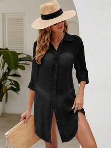 Swim Vcay Kimono unicolor con botón delantero bajo curvo - Negro - Ver 6