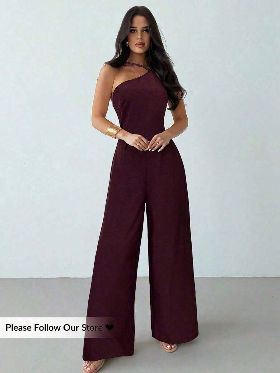 verano nuevo, elegante y minimalista de lino de color albaricoque con espalda descubierta, plisado en la cintura y piernas anchas, para vacaciones, uso diario y todas las estaciones - Burdeos - Ver 1