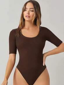 Body de mujer de unicolor, cuello redondo, manga corta, ajuste ceñido, uso diario casual - Café integral - Ver 6