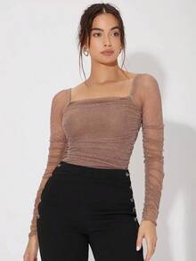 Camisa De Malla Plisada Con Cuello Brillante - Marrón Mocha - Ver 3
