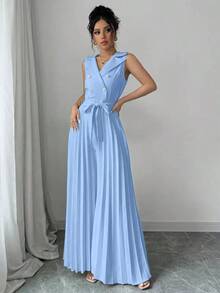 Mono plisado con diseño de chaleco cruzado elegante para mujer, color albaricoque, para primavera y otoño - Celeste - Ver 5