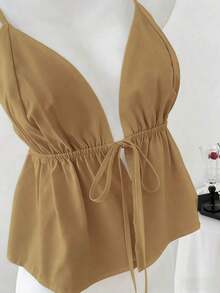 Top sin espalda con cuello de halter y rayas de strass para mujer - Caqui - Ver 3