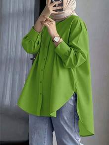 Camisa a cuadros de manga larga para mujer, con cuello y botones delanteros, de tela tejida, con un diseño simple y elegante para la primavera - Verde - Ver 1