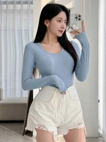 Camiseta de manga larga y cuello redondo de ajuste ceñido para mujer, versátil y casual, ropa de otoño - Azul - Ver 6