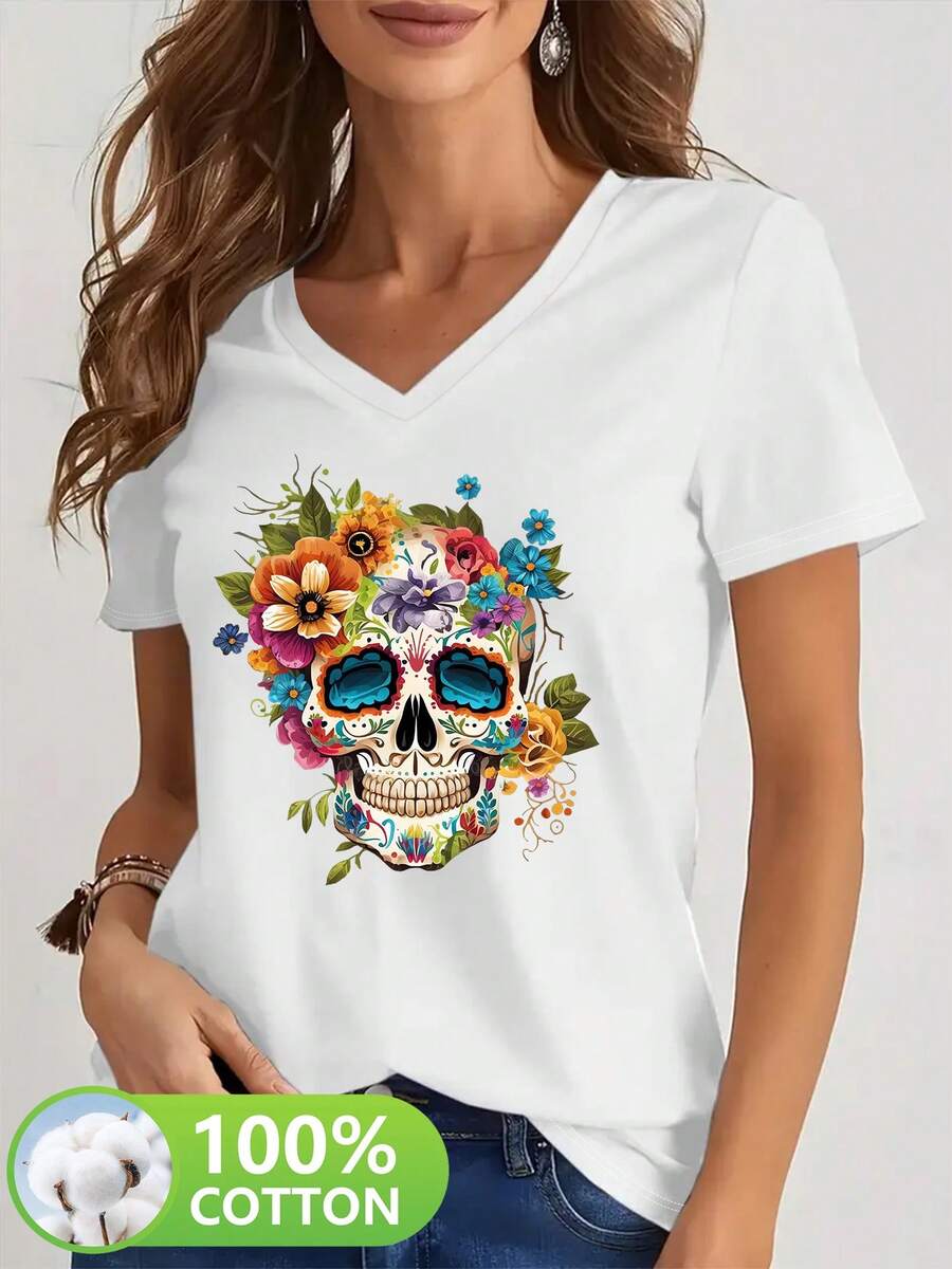 Women's Mexican Day Of The Dead T-Shirt - Sheer V-Neck Short Sleeve Top With Hand-Painted Sugar Skull Print, Marigold, Suitable For Day Of The Dead, Casual And Themed Outfits - 白色 - 查看 1