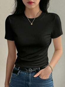 Camiseta casual de mujer de cuello redondo, manga corta y bolsillo, estilo preppy - Negro - Ver 5