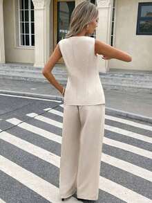 Set de 2 piezas para mujer con top sin mangas con botones delanteros lisos y pantalones largos, conjunto casual - Albaricoque - Ver 2