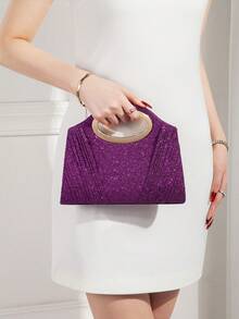 Cartera de Fiesta Dorada con Pedrería Brillante y Asa Metálica Circular, Clutch de Mano Elegante para Boda Cena y Eventos Especiales Moda Mujer - Negro - Ver 10