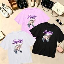 Choose One Of The Three Sets Women's T-Shirt Kawaii Unicorn Magic Print 100% Cotton Oversized Soft Breathable Casual Crewneck Short Sleeve Top Retro Aesthetic Summer Vibes - 粉色 - 查看 1
