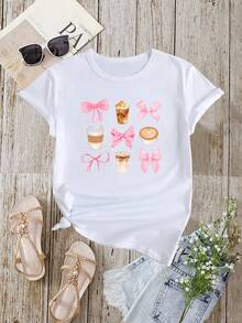 Camiseta Casual de Manga Corta para Mujer - Estampado Taza de Café y Lazo Rosa, Corte Relajado, Tejido Transpirable Lavable a Máquina, Camiseta Divertida con Diseño Juguetón, Ropa de Verano, Prenda Cómoda, Estiramiento Medio - [Blanco] - Ver 2