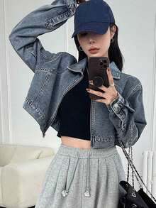 Chaqueta Corta De Mezclilla Para Damas Con Cierre Frontal - Azul lavado oscuro - Ver 2