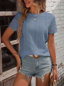 Blusa casual de cuello redondo de manga corta para mujer, con borde de encaje hueco y sencilla - Azul - Ver 3