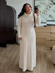 Women's Long Dress With Long Sleeves, High Neck, Knit Fabric, Winter, Plus Size, Maternity/Pregnancy - Champagne - View 1