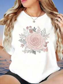 Camiseta holgada con estampado floral de rosas para mujer, blusa casual de verano de manga corta con diseño de mariposa, elegante camiseta blanca de cuello redondo, camiseta para mujer. - Blanco - Ver 5