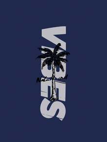 Teen Boys Summer Comfortable Casual Set - Crew Neck T-Shirt + Shorts, Simple Letter & Coconut Tree Print - Navy Blue - View 5