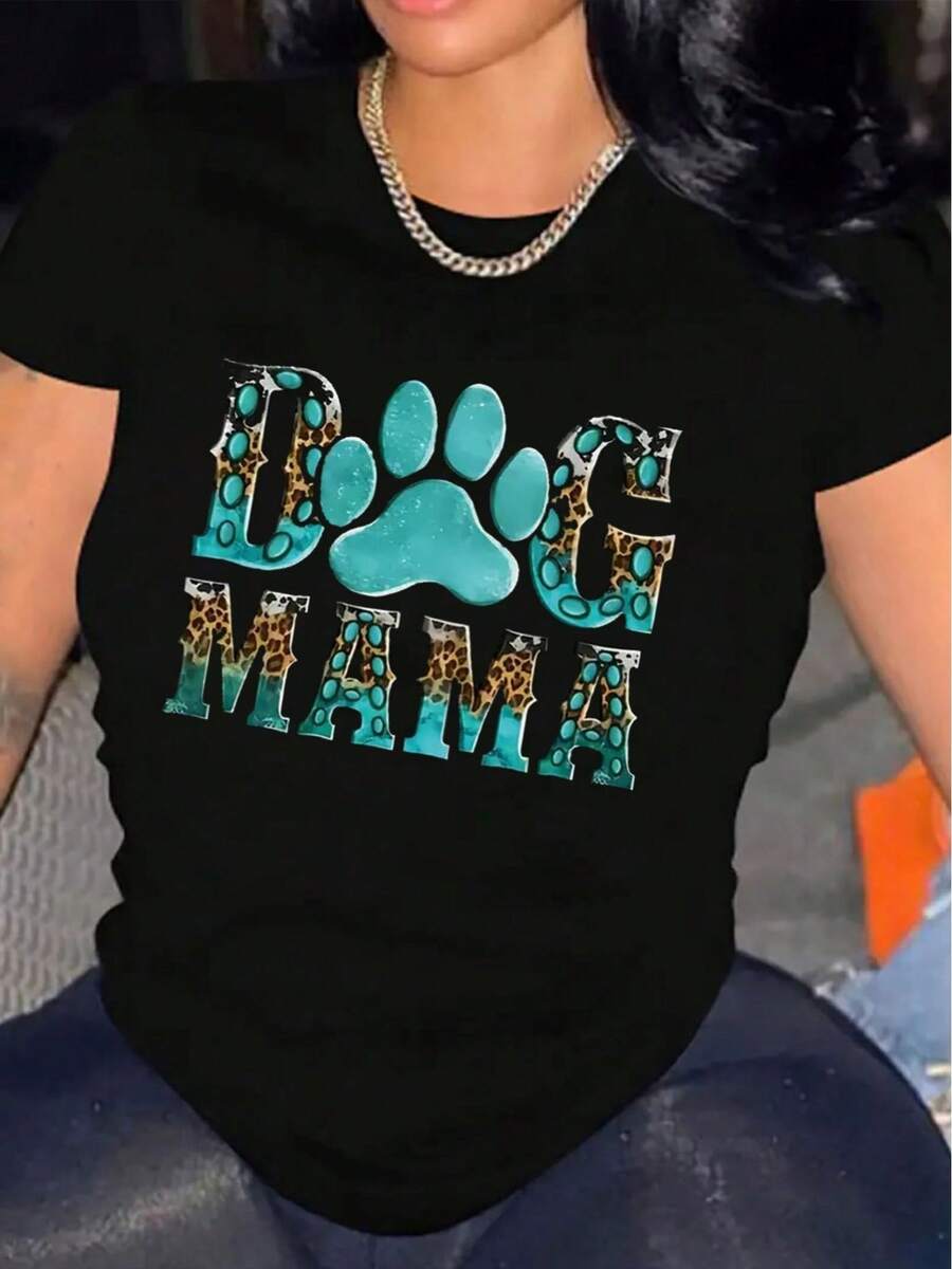 Women's Printed T-Shirt - Casual Short Sleeve Crew Neck T-Shirt In Teal With Leopard And Paw Print Graphic, Relaxed Fit For All Seasons, Perfect For Everyday Wear And Holiday Outfits, Machine Washable. - 黑色 - 查看 1