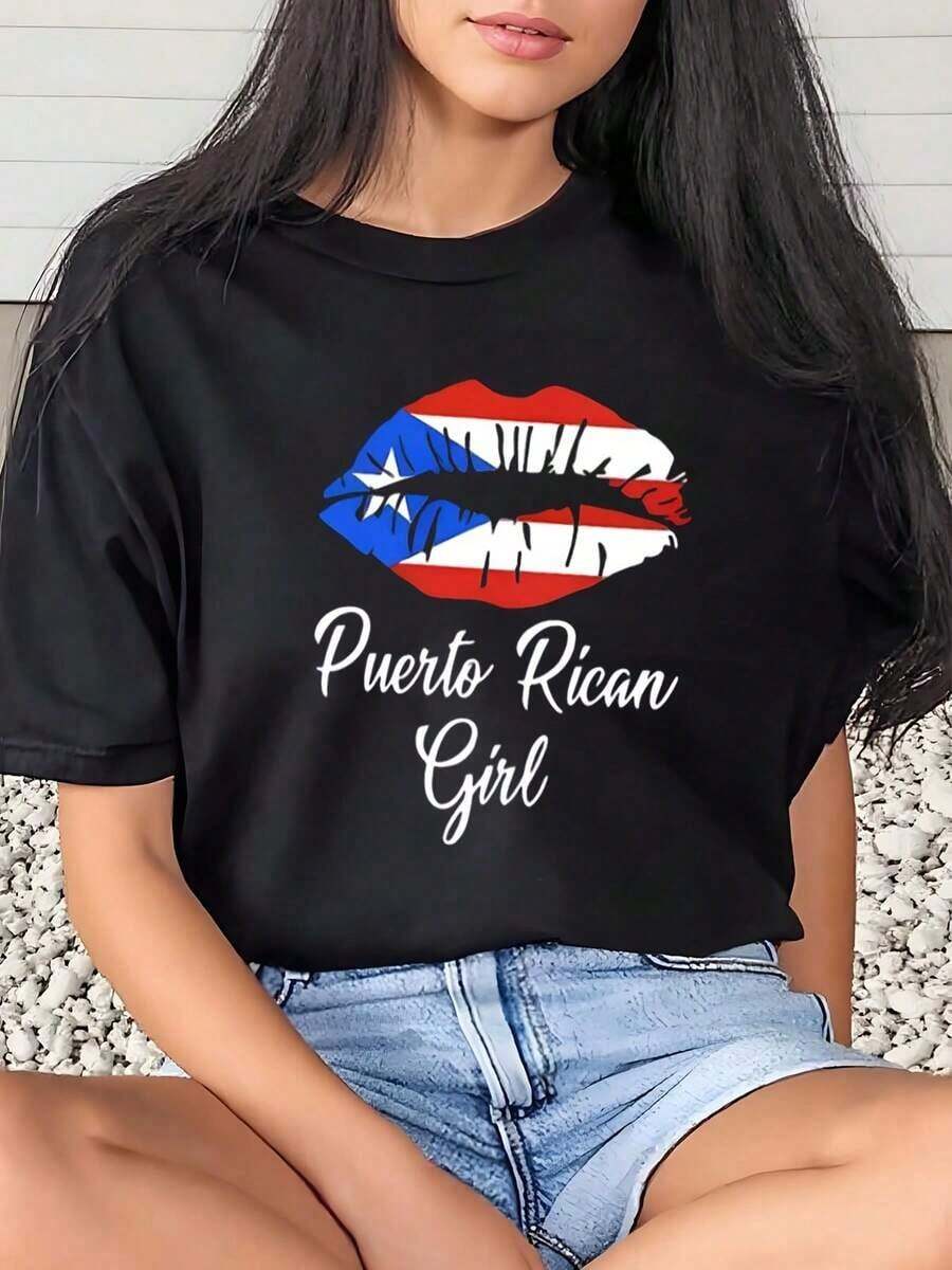 Women's Vintage T-Shirt With Graphic Print Of Lips With The Puerto Rican Flag, Casual Clothing For Cinco De Mayo - 黑色 - 查看 1
