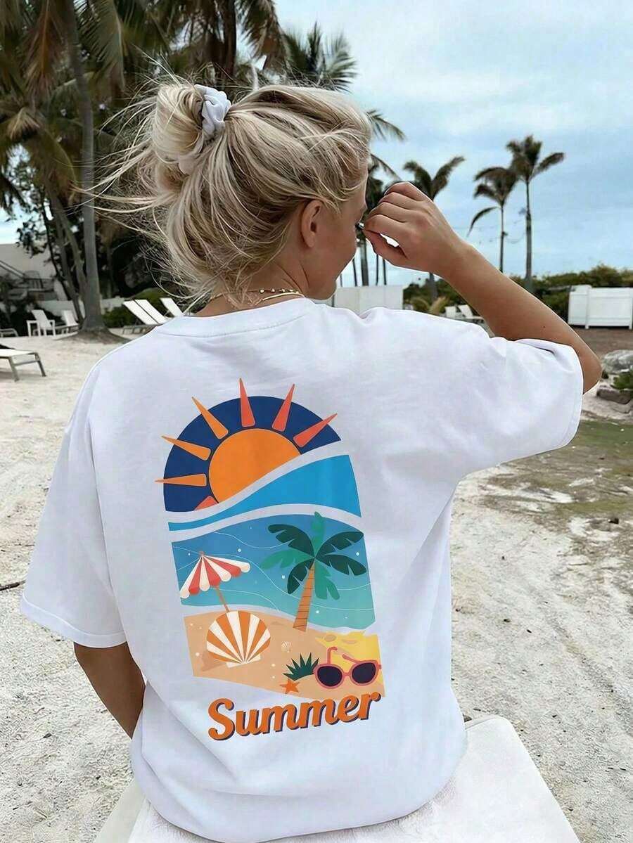 short-sleeveCamiseta de mujer estampada de manga corta para verano, tela de poliéster, estilo multifuncional, corte regular, peso 180 gramos, 1 unidad.100% Cotton - Blanco - Ver 1