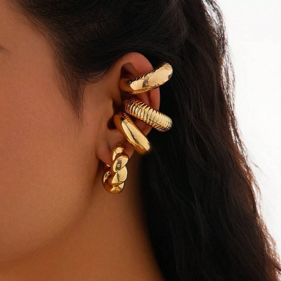 3 Pairs Classic Fashion Personalized C-Shape Twisted Water Drop Earrings Set, Exaggerated Shiny Elegant Versatile Earrings Gift Set For Women, Suitable For Daily Wear - Earrings - View 1