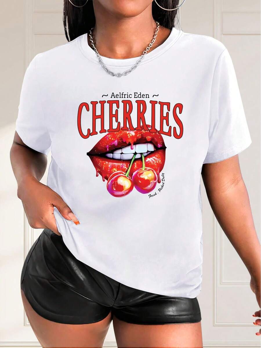 1pc aelric eden Cherries Graphic Tee for Women, Casual Polyester T-Shirt with Crew Neck, Short Sleeve, Knit Fabric, Medium Stretch, Spring/Summer/Fall Fashion Top - Weiss - Übersicht 1