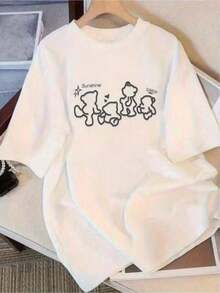 1 pieza de camiseta de mujer con estampado gráfico de osos de dibujos animados adorables con diseño de sol y suerte, 180g, 100% algodón. - Blanco - Ver 2