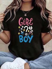 Soft, Breathable, And Lightweight For All-Day Comfort" OR "Women's Gender Reveal Party Print T-Shirt, Ideal For Casual Outings, Fun And With A Family Touch, Short Sleeves. Classic Crew Neck With A Relaxed Fit That Flatters All Body Shapes And Is Easy To Pair With Jeans, Shorts, And Leggings. - 黑色 - 查看 6