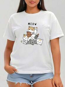 Camiseta con estampado de gato de dibujos animados y letraPure-Cotton - Blanco - Ver 4