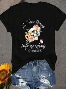 Una camiseta de mujer de manga corta, holgada, moderna, a la moda, retro y elegante, adecuada para actividades al aire libre en primavera y verano, con un estampado de calaveras y flores inspirado en Ezekiel 37, un suéter casual de cuello redondo para uso diario, cómodo y suave.blusas para mujer,blusas casuales para dama,tops,, mujer premium,y2k,playeras de mujer curvy,ofertas y liquidaciones ropa mujer,playeras deportivas para mujer,,playeras de hombre, mujer,blusas>elegante YEQW - Negro - Ver 1