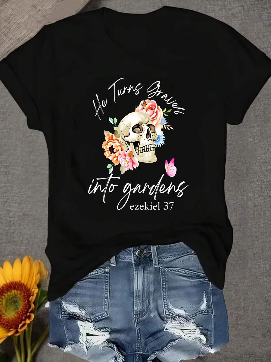 Una camiseta de mujer de manga corta, holgada, moderna, a la moda, retro y elegante, adecuada para actividades al aire libre en primavera y verano, con un estampado de calaveras y flores inspirado en Ezekiel 37, un suéter casual de cuello redondo para uso diario, cómodo y suave.blusas para mujer,blusas casuales para dama,tops,, mujer premium,y2k,playeras de mujer curvy,ofertas y liquidaciones ropa mujer,playeras deportivas para mujer,,playeras de hombre, mujer,blusas>elegante YEQW - Negro - Ver 1