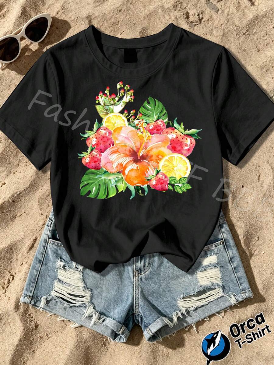Una camiseta de mujer de manga corta, holgada, moderna, a la moda, retro y elegante, adecuada para actividades al aire libre en primavera y verano, con un estampado de cóctel Paloma.Camiseta casual de mujer, estilo Y2k para playa, top de manga corta de verano, informal y holgado con cuello redondo, ideal para primavera y verano.blusas para mujer,blusas casuales para dama,tops,, mujer premium,y2k,playeras de mujer curvy,ofertas y liquidaciones ropa mujer,playeras deportivas para mujer,,playeras de hombre, mujer,blusas>elegante IVSF - Negro - Ver 1