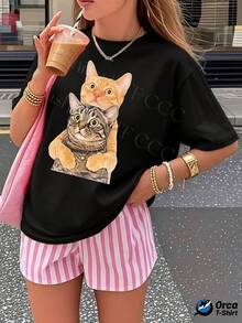 Una camiseta de mujer de manga corta, holgada, moderna, a la moda, retro y elegante, adecuada para actividades al aire libre en primavera y verano, camiseta de mujer de 180g con estilo y  personalizada y2k, top de manga corta holgado, elegancia urbana, informal y transpirable para el día a día, estampado creativo y divertido de gatos apilados, ropa de verano, regalo para deportes al aire libre.blusas para mujer,blusas casuales para dama,tops,, mujer premium,y2k,playeras de mujer curvy,ofertas y liquidaciones ropa mujer,playeras deportivas para mujer,,playeras de hombre, mujer,blusas>elegante YRQJ - Negro - Ver 8