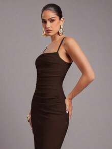 Vestido elegante de unicolor con pliegues y ajustado para mujer - Café integral - Ver 7