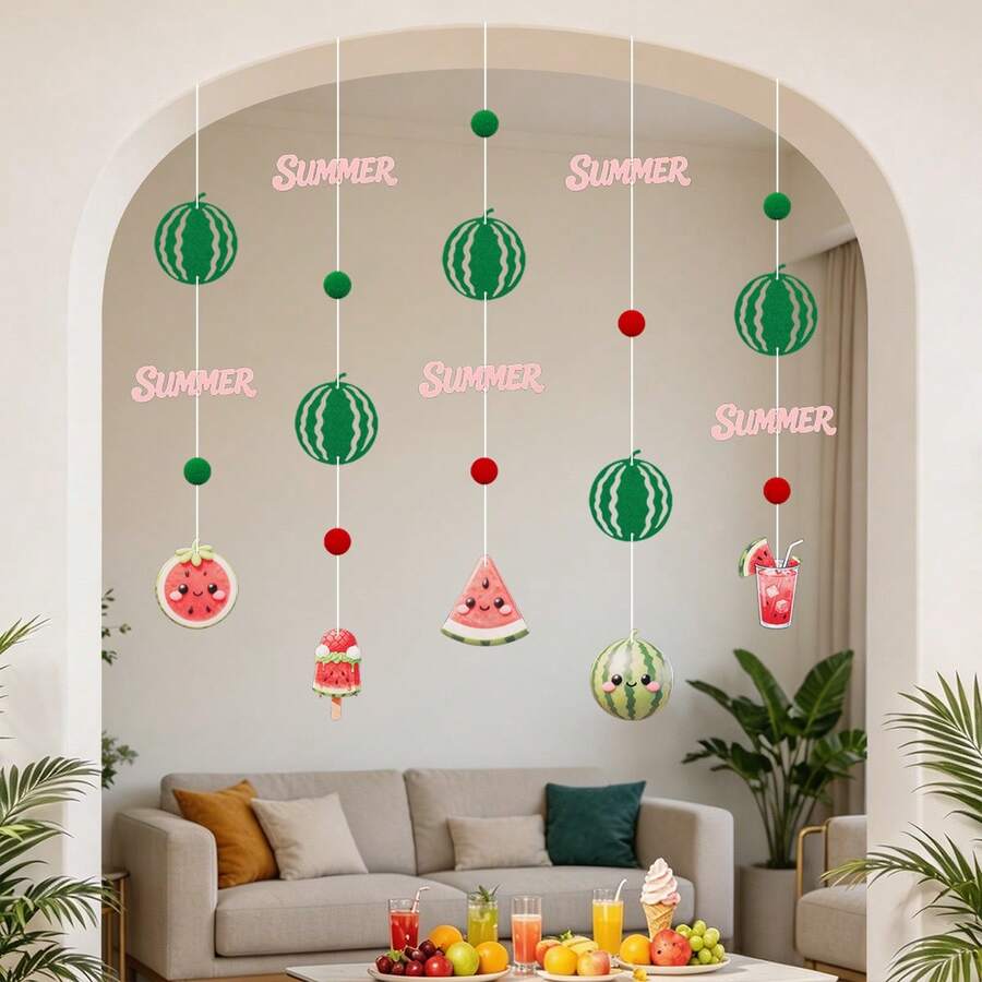 Summer Beach Vacation Holiday Birthday Party Decorations Hanging Ornaments Strawberry Lemon Watermelon Ice Cream Coconut Wall Background Home Pom Pom Decor - Summer Pendants - View 1