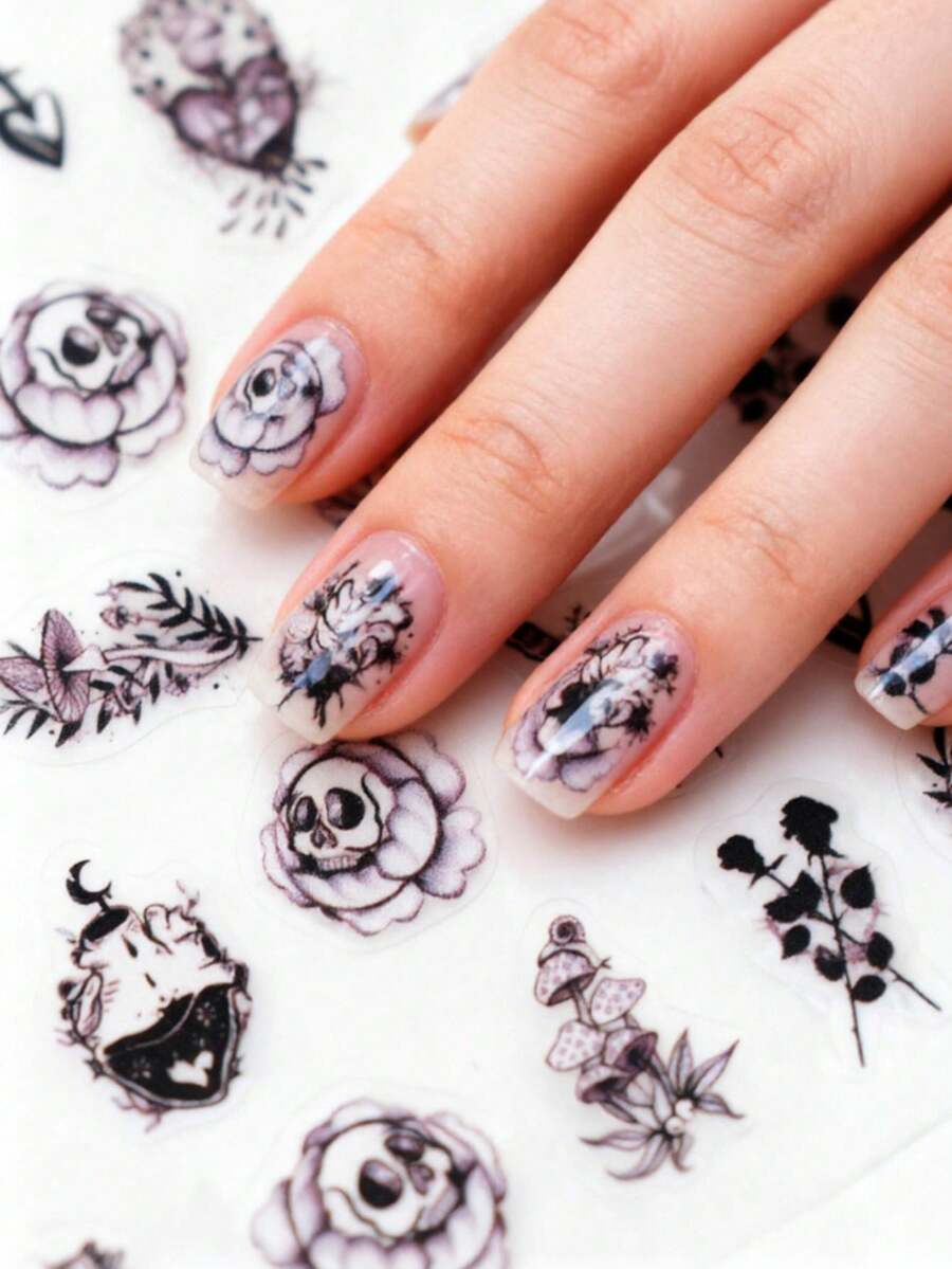 1 miếng dán móng tay hình bộ xương Gothic dập nổi, hình trái tim và hoa hồng đen bất đối xứng, phù hợp cho các bữa tiệc theo chủ đề, họa tiết phong phú và bền. - Nhiều màu - Xem 1