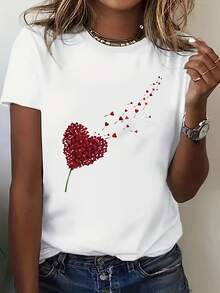 White Short Sleeve T-Shirt With Heart-Shaped Balloon Print, Round Neck, Comfortable, Casual, Holiday Essential, Slightly Loose Fit, High-End Feel, Plus Size, Casual Sports T-Shirt For Women - 白色 - 查看 5