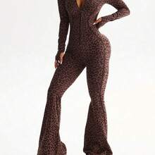 Dewbera 1pc Women's Seamless Sexy Leopard Print Mock Neck Front Zipper Thumb Hole High Waist Contour Sports Running Fitness Gymnastics Dance Long Sleeve Flared Jumpsuit - Multicolor - Ver 7