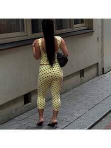 Spring Women's Fashion Polka Dot Sleeveless Backless Top Sexy Slim-Fit Cropped Pants Set - 黃色 - 查看 3