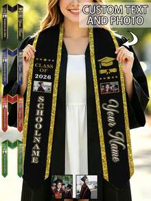 Personalizado Graduación con foto y nombre personalizado, Faja de graduación Clase de 2026 con nombre de la escuela y año de graduación, Faja de graduación de satén negro con borde dorado para graduados universitarios - Multicolor - Ver 12