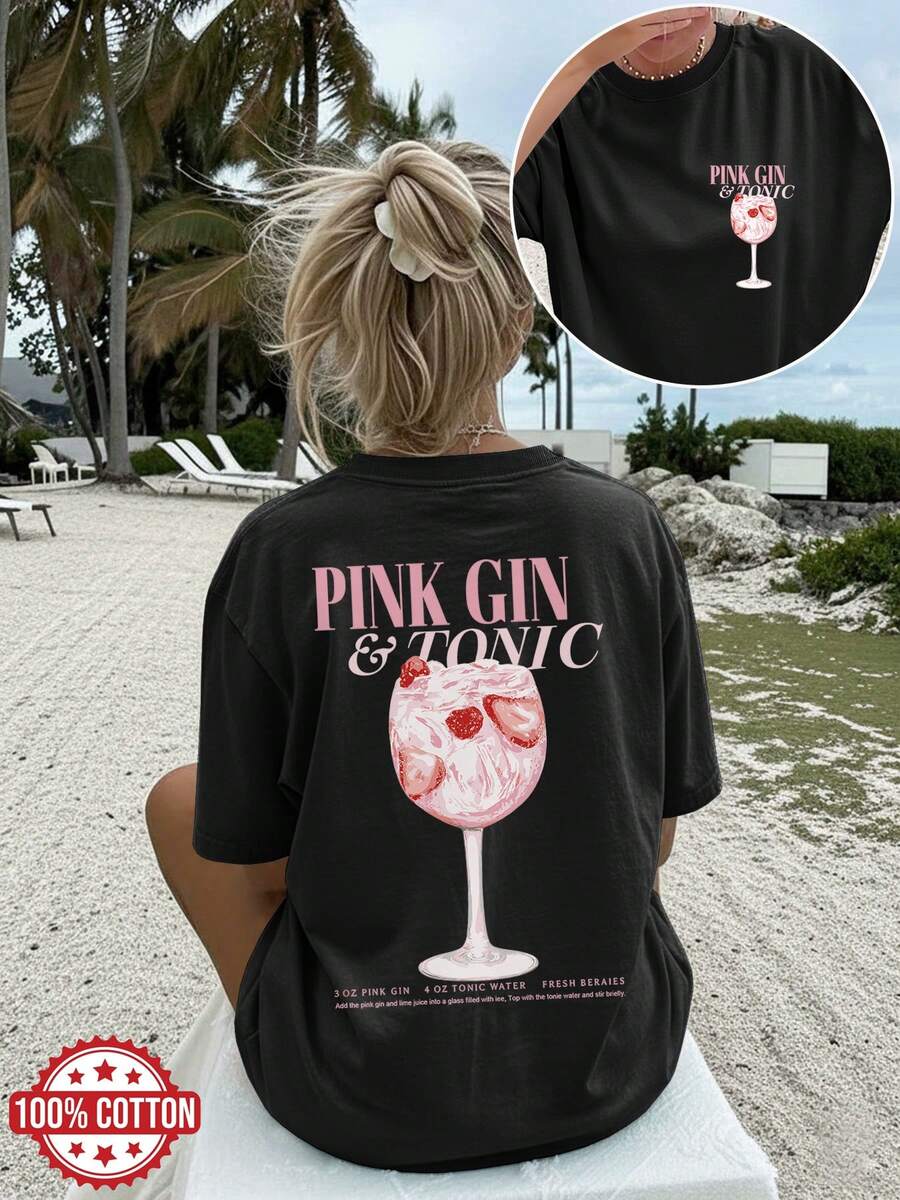 [Double-Sided Print] Casual Loose-Fitting Spring And Summer T-Shirt, Feminine Style, Berry Print, PINK GIN & TONIC Print, Pure Cotton Short-Sleeved T-Shirt, Off-The-Shoulder And Plus-Size For Fashionable Women. Elegant Party Outfit, T-Shirt For Elegant Ladies, Blouses Suitable For Curvy Women, Prom Skirts, Casual Wear - 黑色 - 查看 1