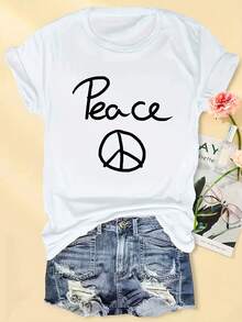 Women's Vintage 60s/70s Style T-Shirt With Peace Symbol And Peace Letter Print - Light Green, Loose Fit, Round Neck, Short Sleeve, Breathable Rayon Fabric, Soft Texture, Machine Washable, Casual Summer Shirt, Vintage 60s/70s Style, Suitable For Casual Outfits And Music Festivals, Geometric Print, Vintage Floral Details, Lightweight And Comfortable, Suitable For All Seasons. - 白色 - 查看 1
