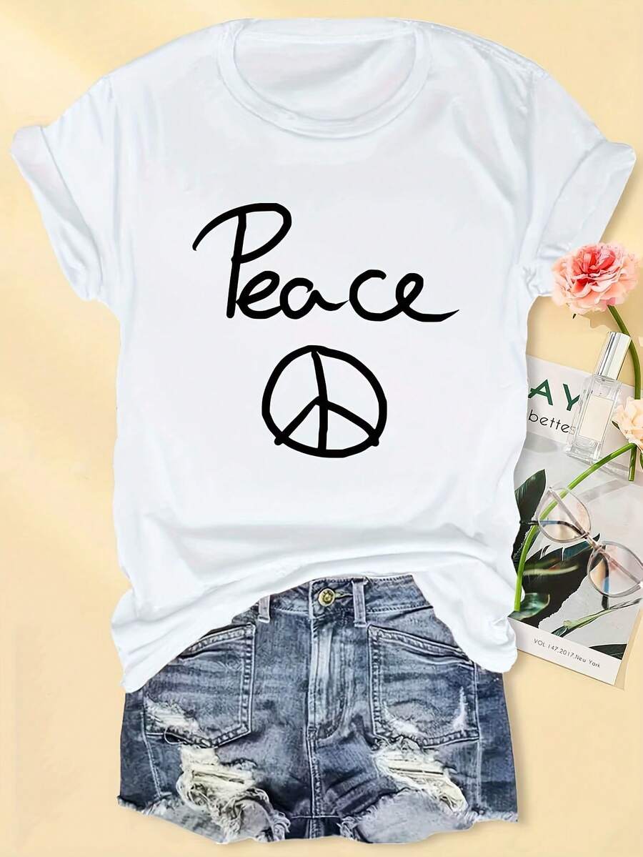 Women's Vintage 60s/70s Style T-Shirt With Peace Symbol And Peace Letter Print - Light Green, Loose Fit, Round Neck, Short Sleeve, Breathable Rayon Fabric, Soft Texture, Machine Washable, Casual Summer Shirt, Vintage 60s/70s Style, Suitable For Casual Outfits And Music Festivals, Geometric Print, Vintage Floral Details, Lightweight And Comfortable, Suitable For All Seasons. - 白色 - 查看 1