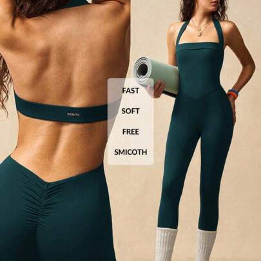 VARSIVA Solid Color Pleated Halter Backless Sleeveless Jumpsuit - Verde Oscuro - Ver 1