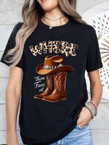 Women's Clothing White Printed T-Shirt With Cowboy Hat And Boots, Leopard Print Text And Western Theme, For Country Music Festivals And Outdoor Events, Women's Shirts - 黑色 - 查看 2