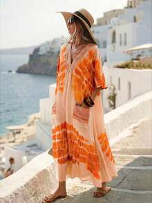Vestido casual suelto con escote en V, estampado de teñido anudado, con bolsillos grandes, estilo bohemio de verano para vacaciones en la playa para mujeres - Rosa - Ver 11