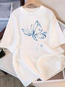 Pure Cotton T-Shirt For Summer 2026: Modern Minimalist Design, Loose Summer Fit, Round Neck, Versatile, Comfortable And Casual For Women, Youthful And Cheerful, Short Sleeve T-Shirt For Daily Use, Versatile, Comfortable And Printed For Summer. - 白色 - 查看 5