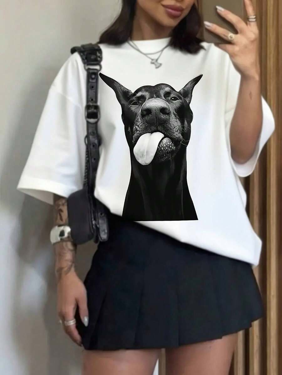 Women's Oversized Off-Shoulder T-Shirt - Soft And Casual For Everyday Wear, Relaxed Fit, Crew Neck For Layering And Standalone Outfits - All-Season Wardrobe Essential, Ladies' T-Shirts, Versatile Clothing, Fun Graphic Tee, Comfortable Fabric, Streetwear Style, Modern Design, Breathable Material, Printed T-Shirt, For Urban Style Lovers - 白色 - 查看 1